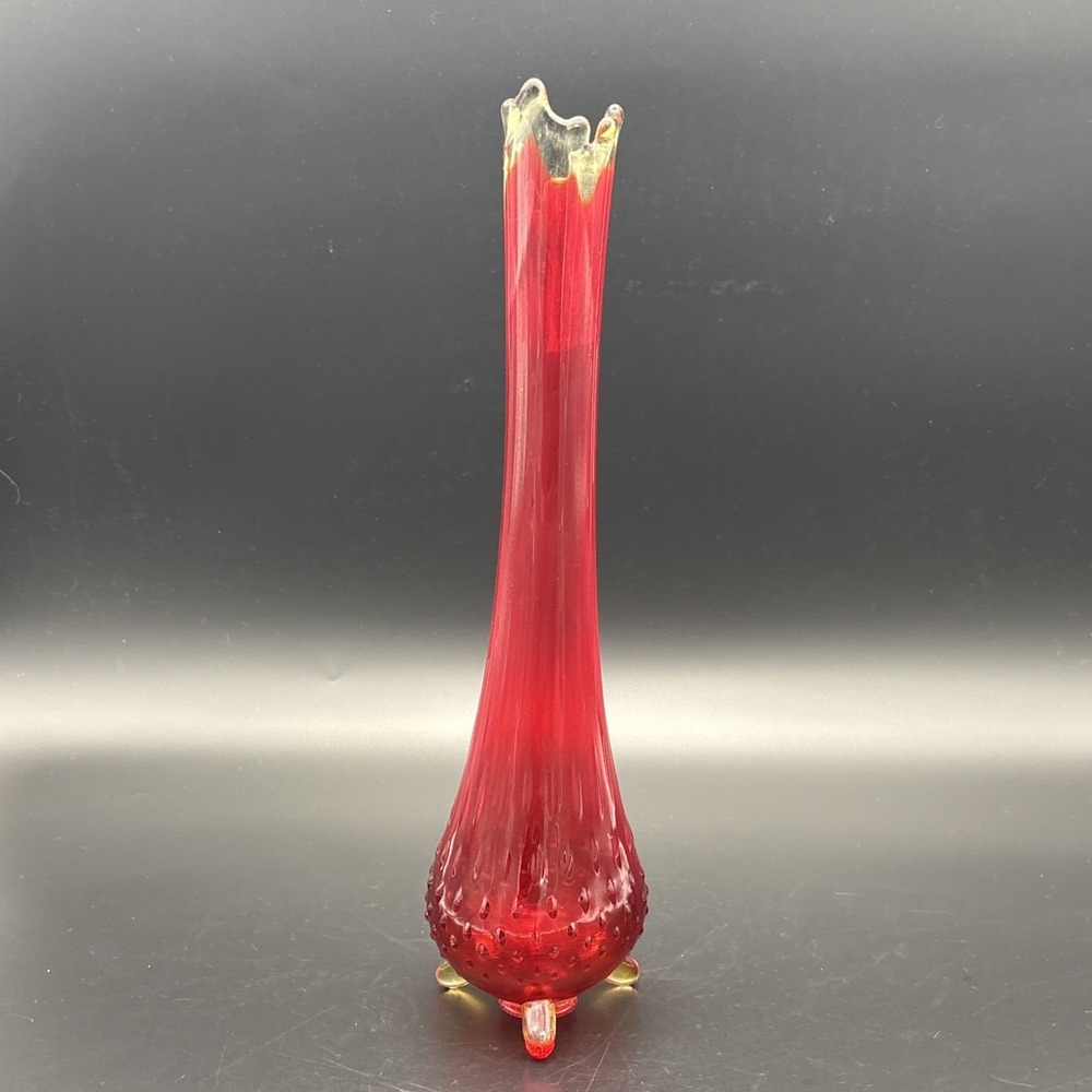Vintage 1960s Kanawha Amberina 14" Swung Vase - 3-Footed Hobnail Glass